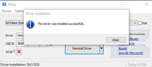 Zadig confirming the driver was installed successfully