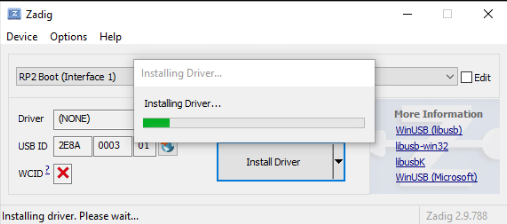 Zadig showing a progress bar while the WinUSB driver installs
