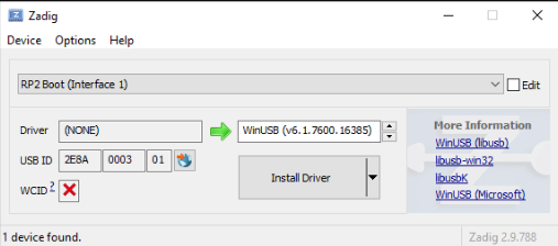 Zadig with RP2 Boot (Interface 1) selected and WinUSB chosen as the driver to install